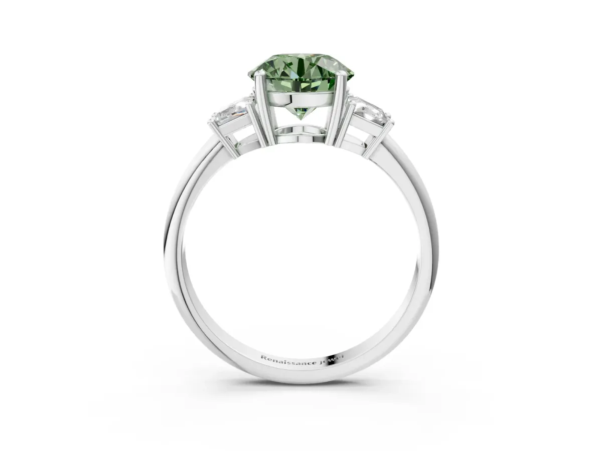 Fancy Green Round Cut Diamond Three-Stone Ring with Trapezoid Side Stones and Prong Setting Silver