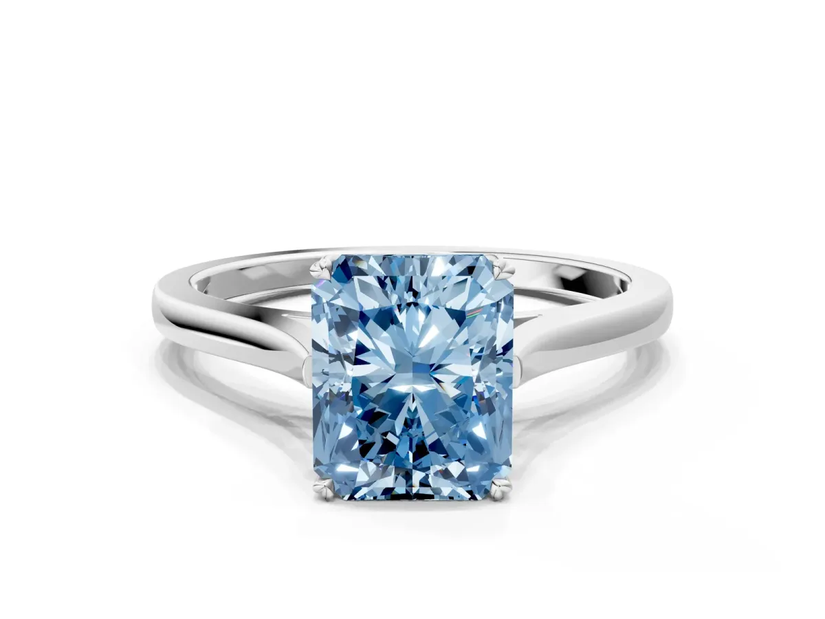 Fancy Blue Radiant Cut Solitaire Heart Prong Engagement Ring with Tapered Band Platinum