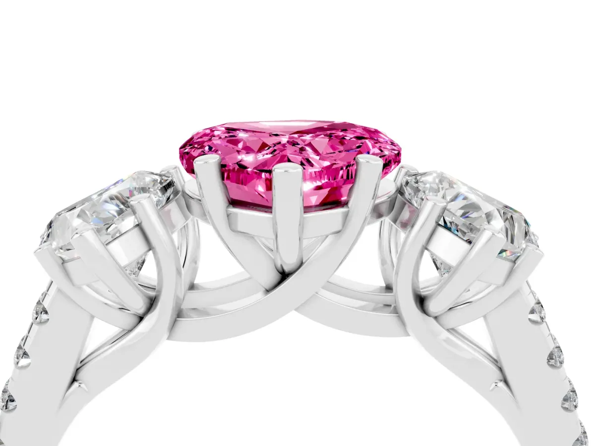 Three-Stone Heart Cut Pink Sapphire Ring with Round Pavé Band and Prong Setting White gold