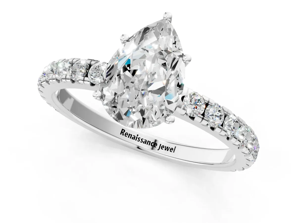 Pear Cut Diamond Pavé Solitaire Engagement Ring with Four-Prong Setting Silver