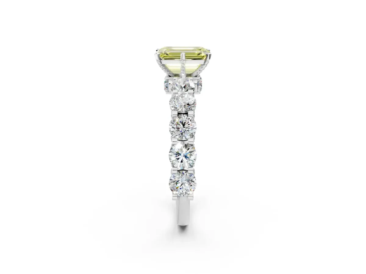 Fancy Yellow Emerald Cut Diamond Side Stone Engagement Ring with Four-Prong Setting Silver