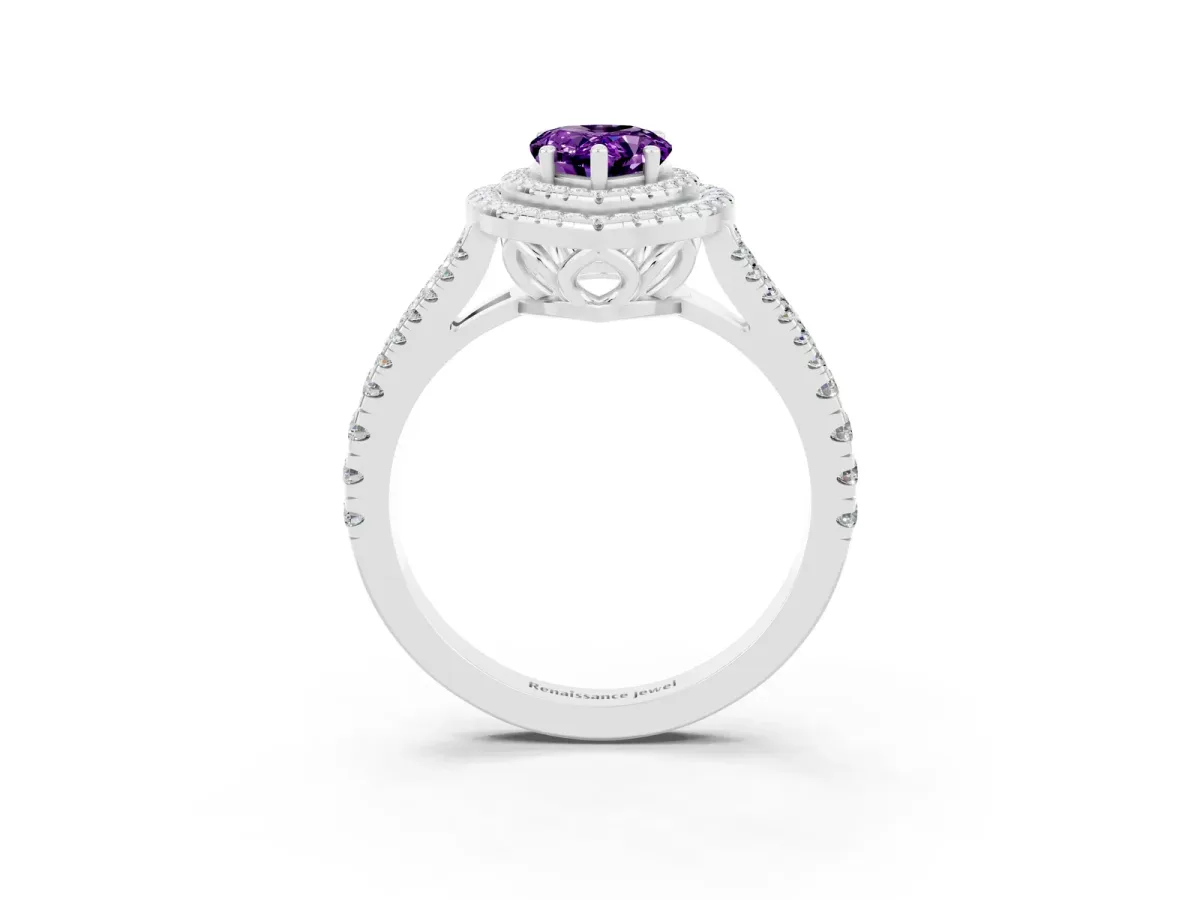 Pear Cut Amethyst Double Halo Ring with Pavé Band and Prong Setting Silver