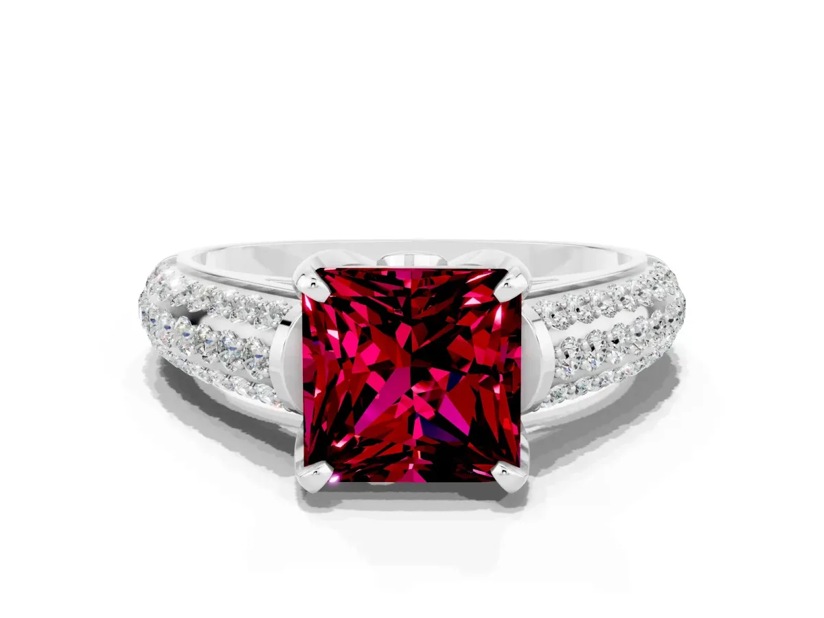 Princess Cut Garnet Solitaire Ring with Three-Row Pavé Band and Four-Prong Setting Platinum