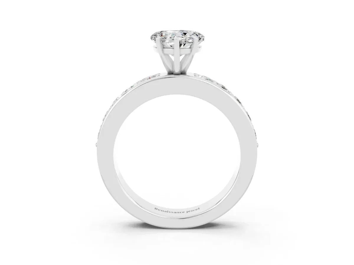 Heart Cut Moissanite Engagement Ring with Channel Set Round Band and Prong Setting White gold