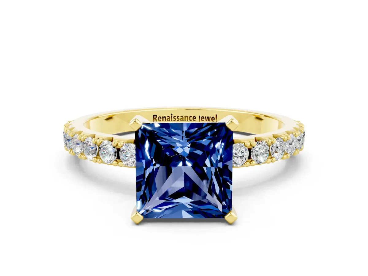Princess Cut Blue Sapphire Solitaire Pavé Band with Four-Prong Setting Yellow gold