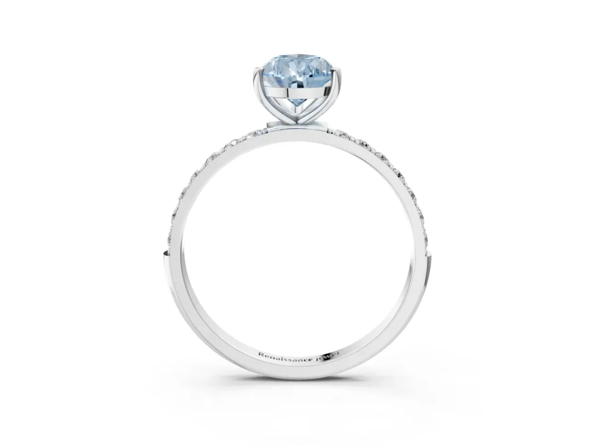 Fancy Blue Pear Cut Diamond Solitaire Ring with Round Pavé Shoulders and Prong Setting White gold
