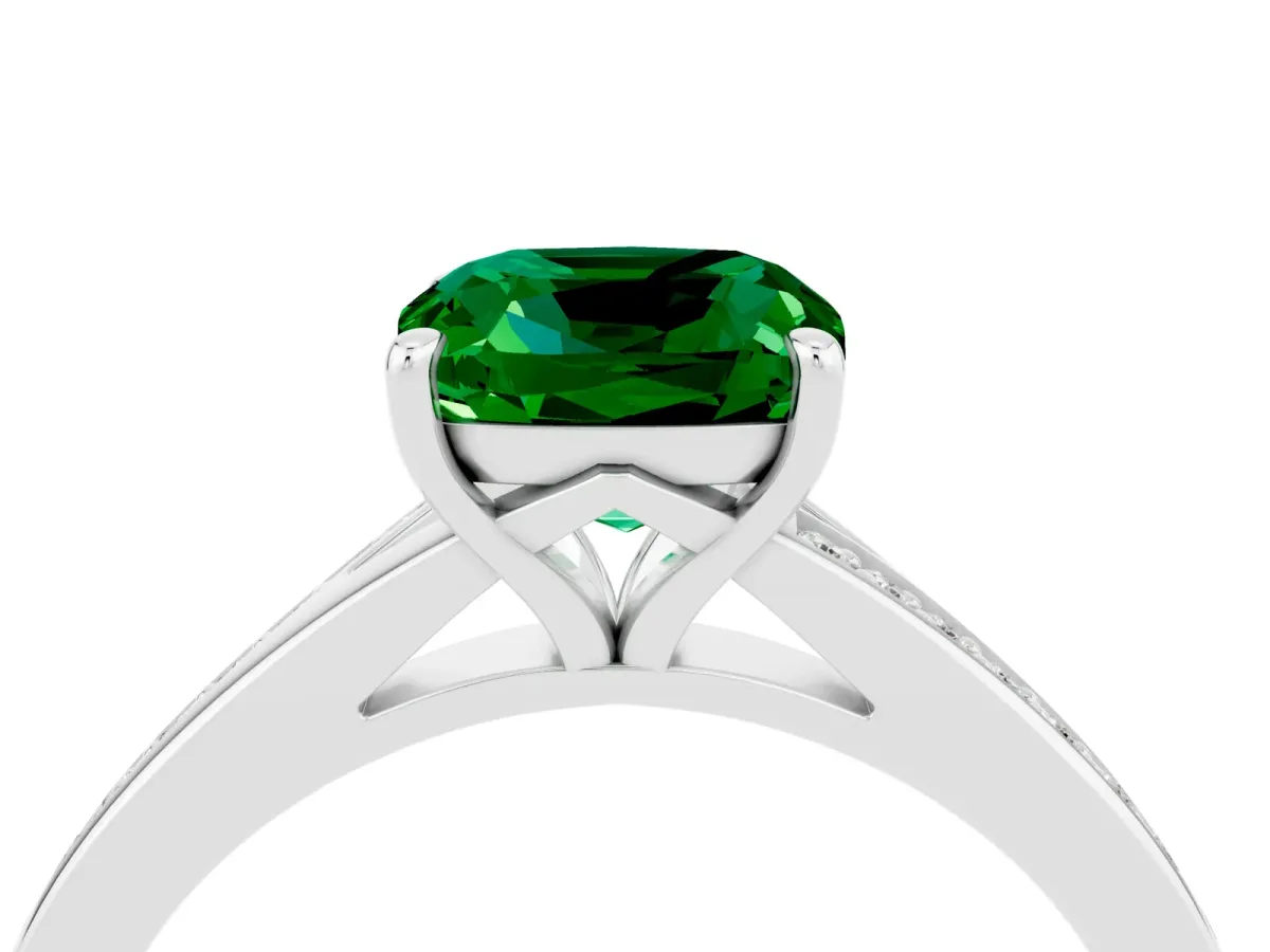 Cushion Cut Emerald Solitaire Ring with Pavé Band and Prong Setting Silver