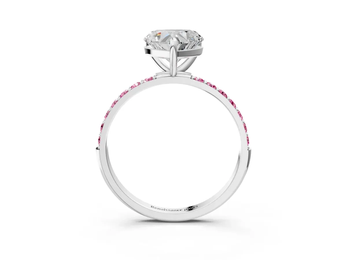Heart Cut Diamond Solitaire Ring with Round Pink Sapphire Pavé Band and Prong Setting White gold