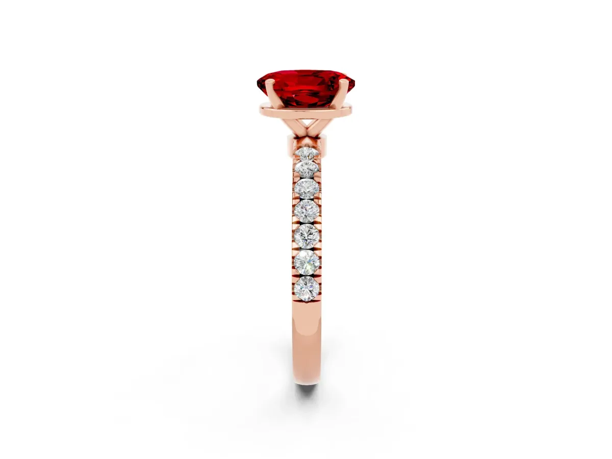 Oval Cut Ruby Solitaire Ring with Pavé Accents and Four-Prong Setting Rose gold
