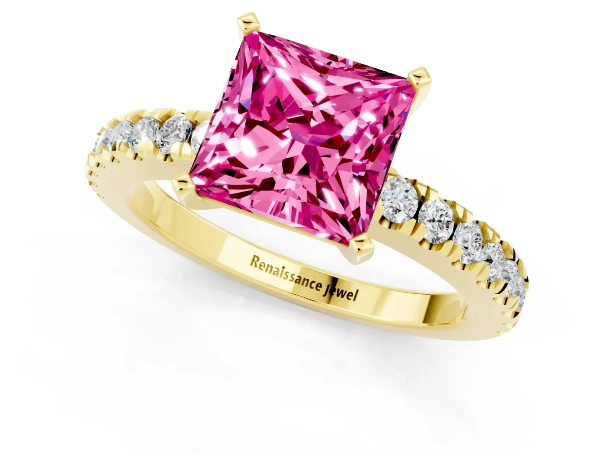 Princess Cut Solitaire Pink Sapphire with Pavé Band and Four-Prong Setting Yellow gold