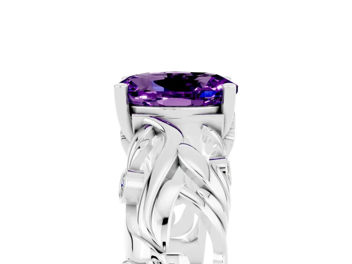 Oval Cut Solitaire Amethyst Leaf-Inspired Vine Band Ring with Prong Setting White gold