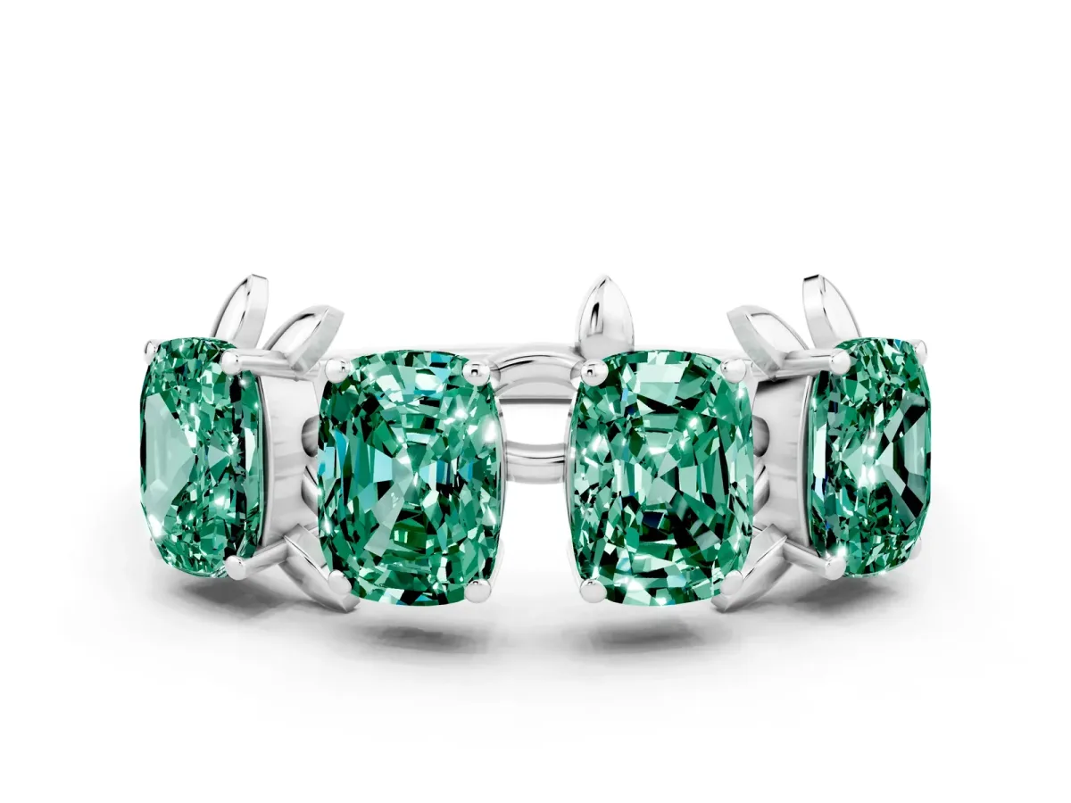 Four-Stone Elongated Cushion Green Sapphire Band with Nature-Inspired Prong Setting White gold