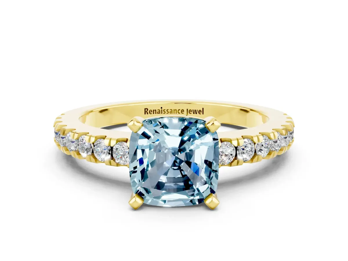 Cushion Cut Solitaire Aquamarine with Pavé Band and Four-Prong Setting Yellow gold