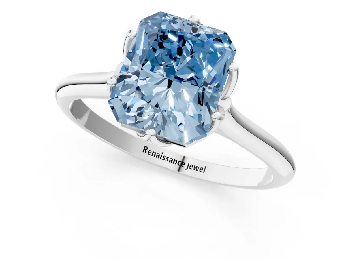 Fancy Blue Radiant Cut Solitaire Cathedral Diamond Ring with Six-Prong Setting Platinum