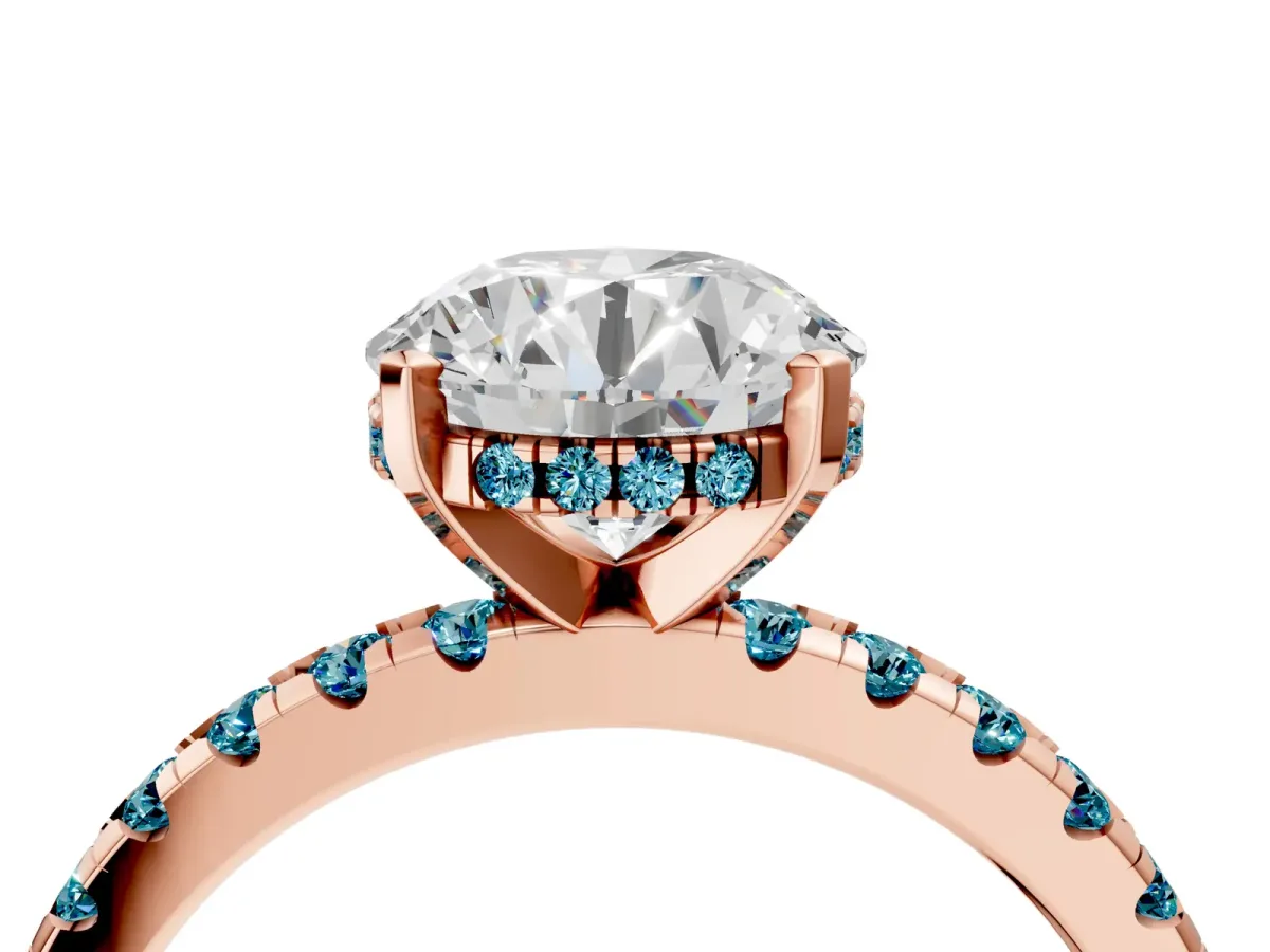 Round Cut Diamond Solitaire Ring with Round Blue Topaz Pavé Band and Four-Prong Setting Rose gold