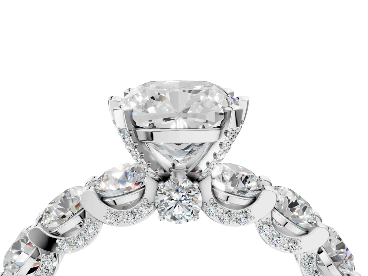 Cushion Cut Diamond Side Stone Engagement Ring with Four-Prong Setting White gold