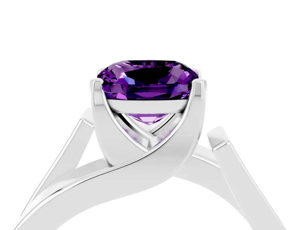 Modern Tension Set Cushion Cut Amethyst Solitaire Wide Band Ring Silver