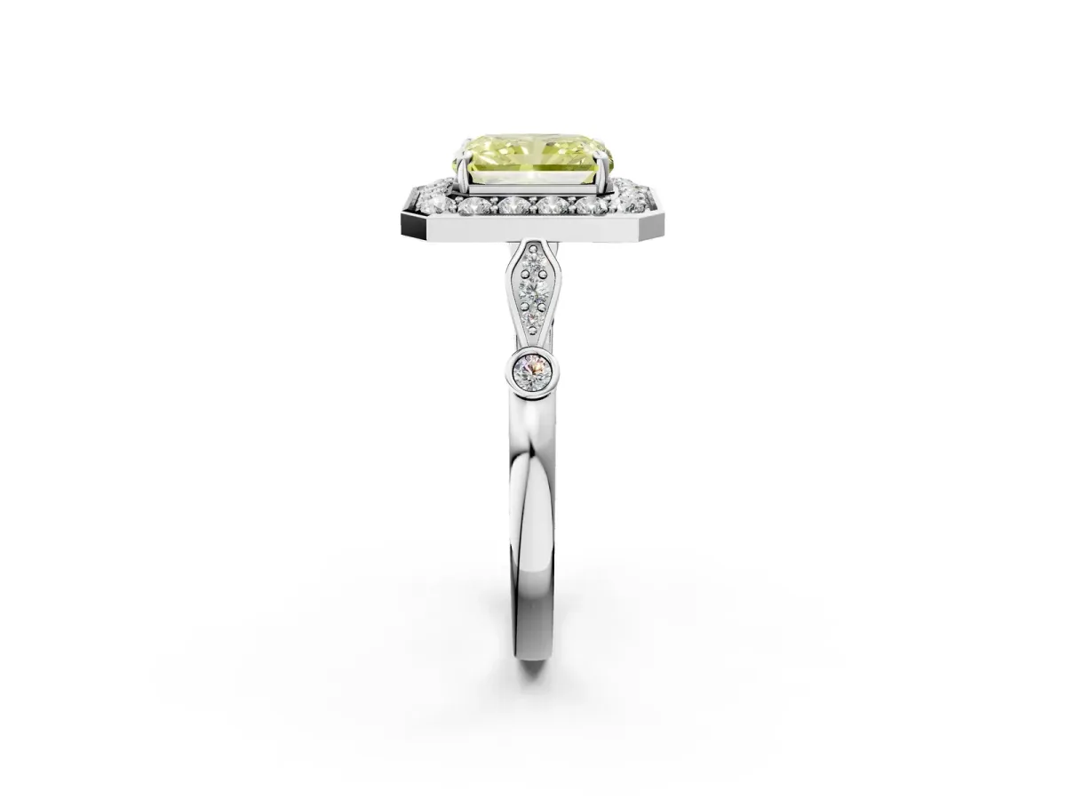 Fancy Yellow Radiant Cut Halo Diamond Engagement Ring with Twisted Band and Four-Prong Setting Platinum