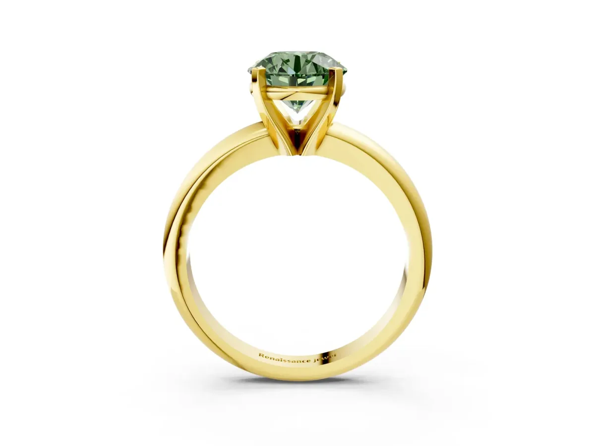 Fancy Green Round Cut Diamond Solitaire Engagement Ring with Round Band and Four-Prong Setting Yellow gold