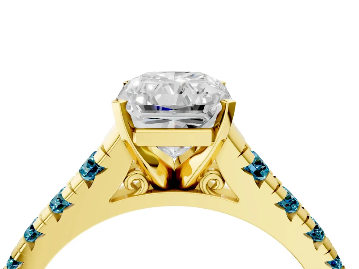 Radiant Cut Diamond Cathedral Solitaire Ring with Round Blue Topaz Pavé Band Yellow gold