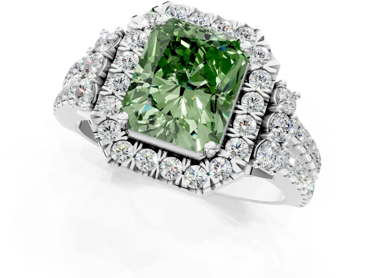 Fancy Green Radiant Cut Cut Double Halo Diamond Engagement Ring with Pave Band and Four-Prong Setting Platinum