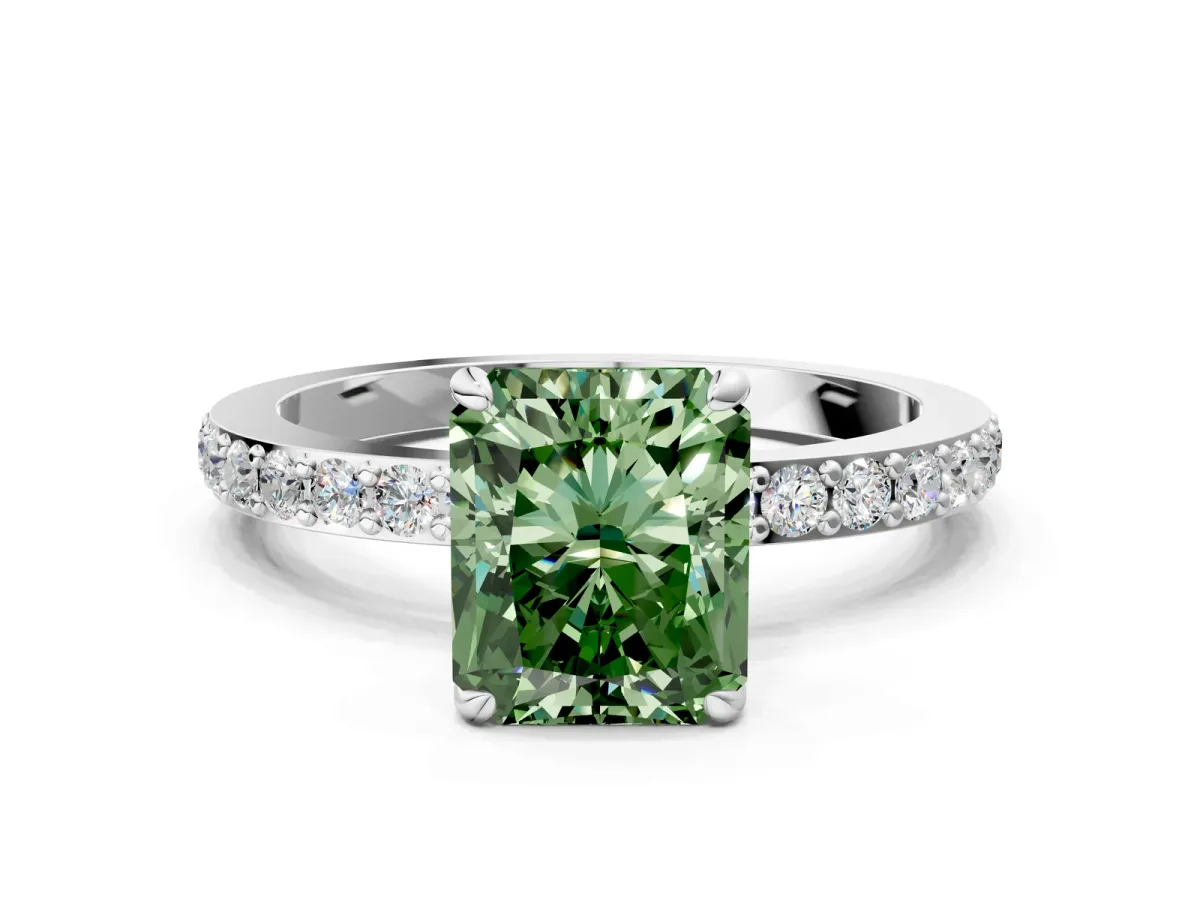 Fancy Green Radiant Cut Diamond Solitaire Engagement Ring with Pavé Band and Four-Prong Setting White gold