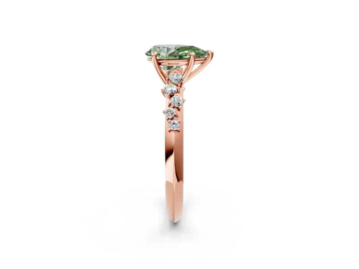 Fancy Green Pear Cut Diamond Cluster Side Stone Solitaire Ring with Prong Setting Rose gold