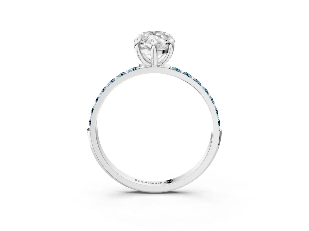 Marquise Cut Diamond Solitaire Ring with Round Aquamarine Pavé Band and Prong Setting White gold