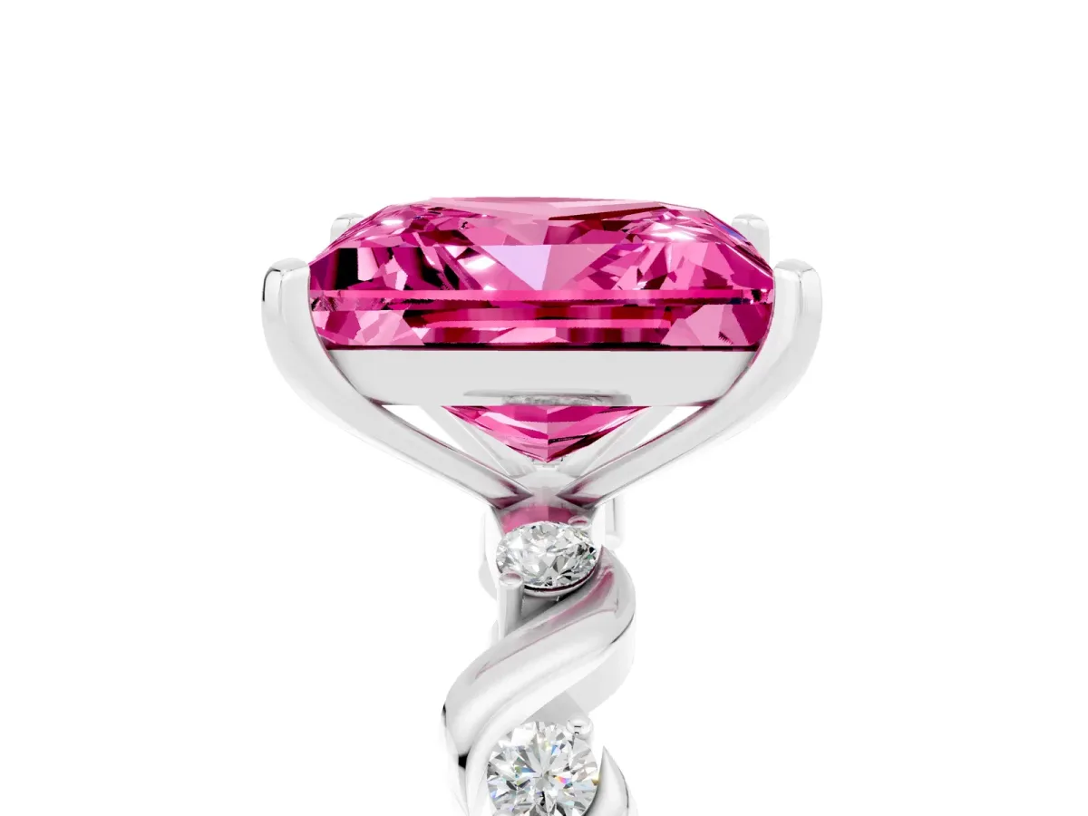 Princess Cut Pink Sapphire Solitaire Twisted Band with Round Accents and Prong Setting Platinum