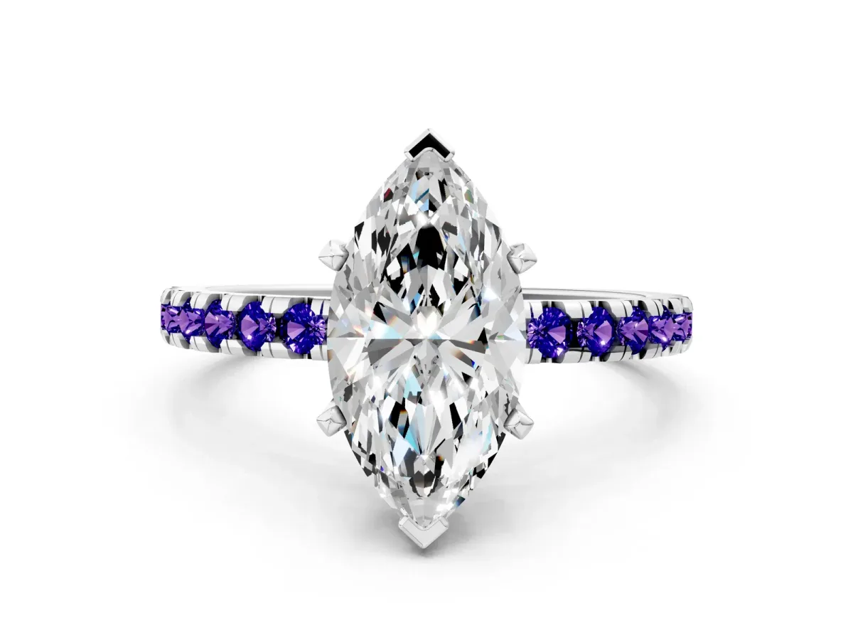 Marquise Cut Diamond Solitaire Ring with Round Tanzanite Pavé Band and Four-Prong Setting White gold