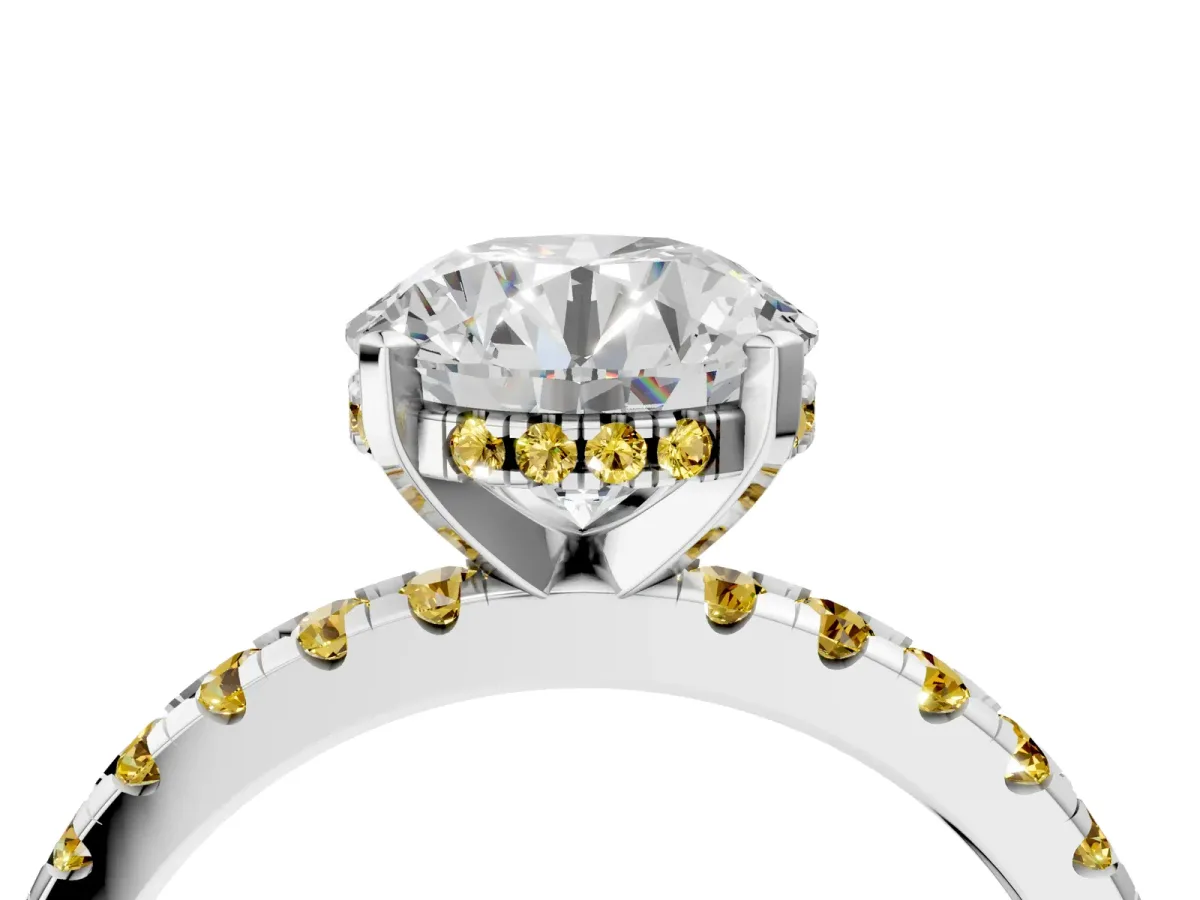 Round Cut Diamond Solitaire Ring with Round Yellow Sapphire Pavé Band and Four-Prong Setting White gold