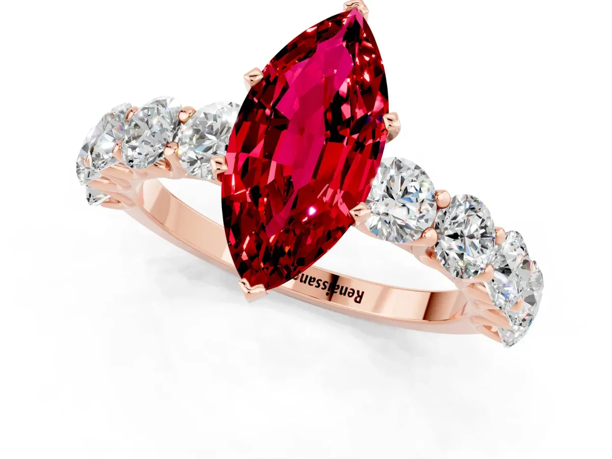 Marquise Cut Ruby Prong Setting with Side Stones on a Pave Band Rose gold