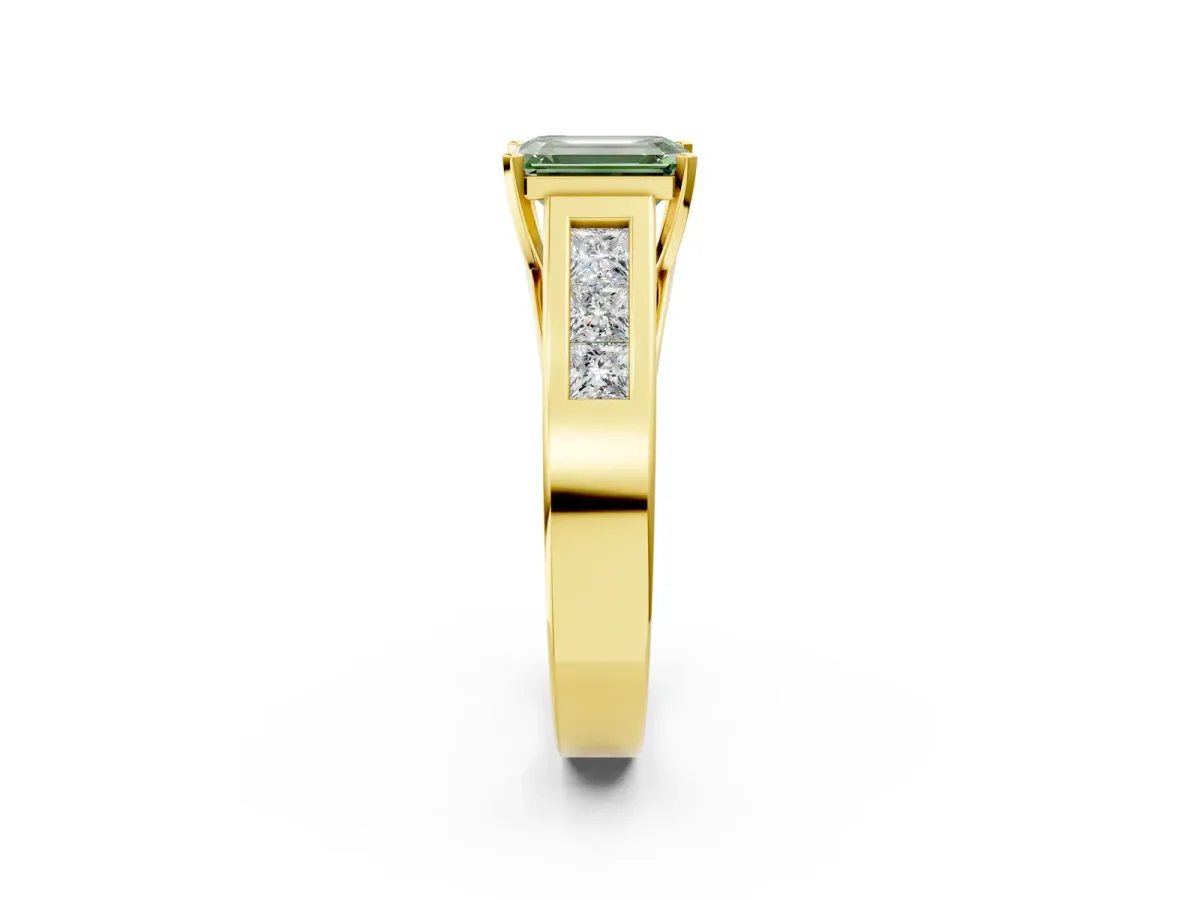 Fancy Green Emerald Cut Cut Channel Set Solitaire Ring with Four-Prong Setting Yellow gold