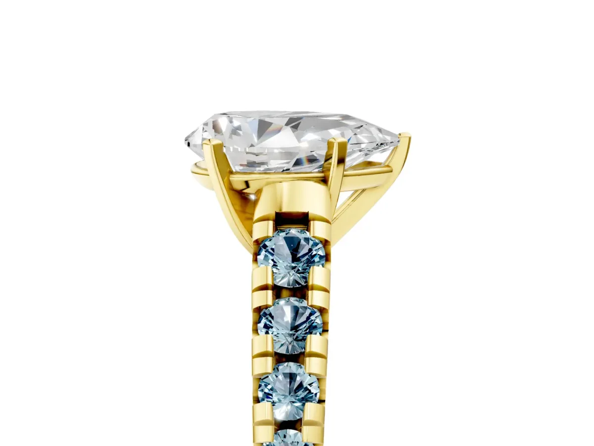 Pear Cut Diamond Cathedral Solitaire Ring with Round Aquamarine Pavé Band Yellow gold