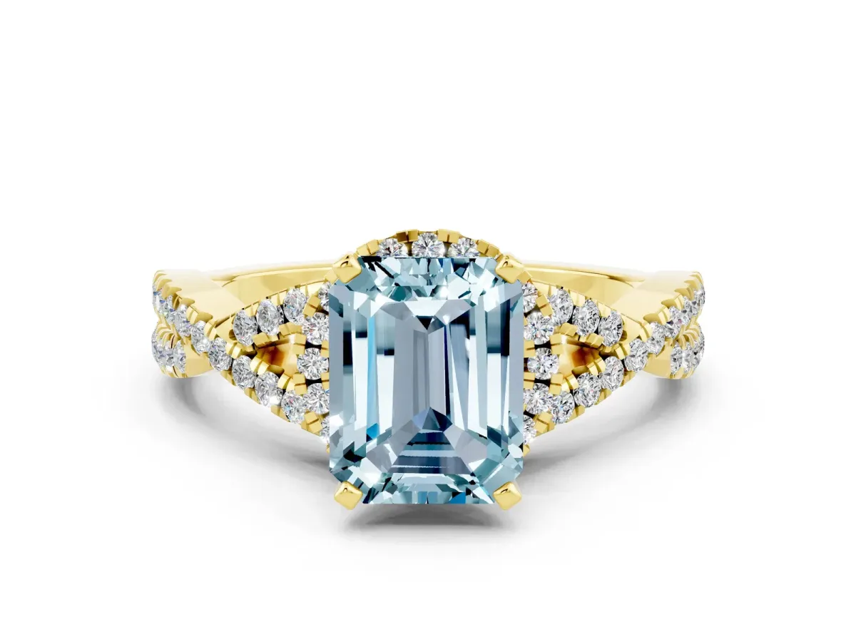 Emerald Cut Aquamarine Halo Twist Band Solitaire Prong Setting Ring Yellow gold