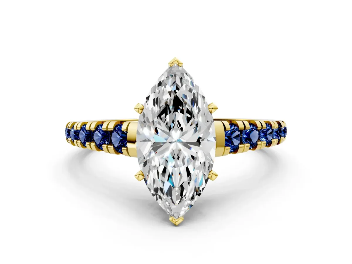 Marquise Cut Diamond Cathedral Solitaire Ring with Round Blue Sapphire Pavé Band Yellow gold