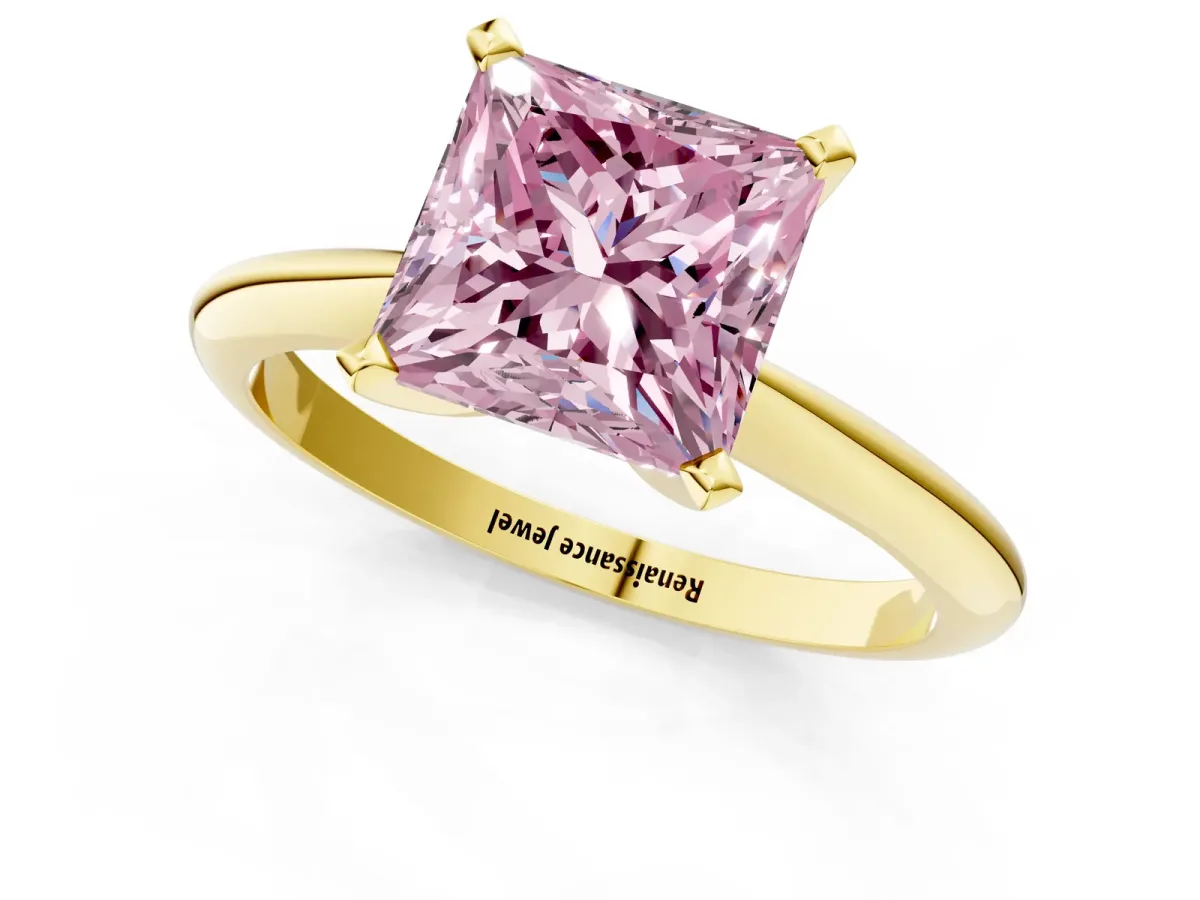 Fancy Pink Princess Cut Diamond Solitaire Engagement Ring with Classic Band and Four-Prong Setting Yellow gold