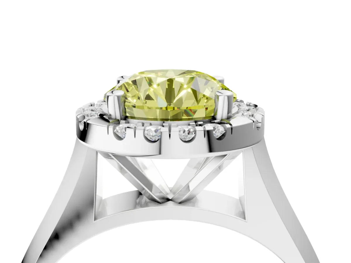 Fancy Yellow Round Cut Cut Halo Solitaire Engagement Ring with Square Band and Four-Prong Setting White gold