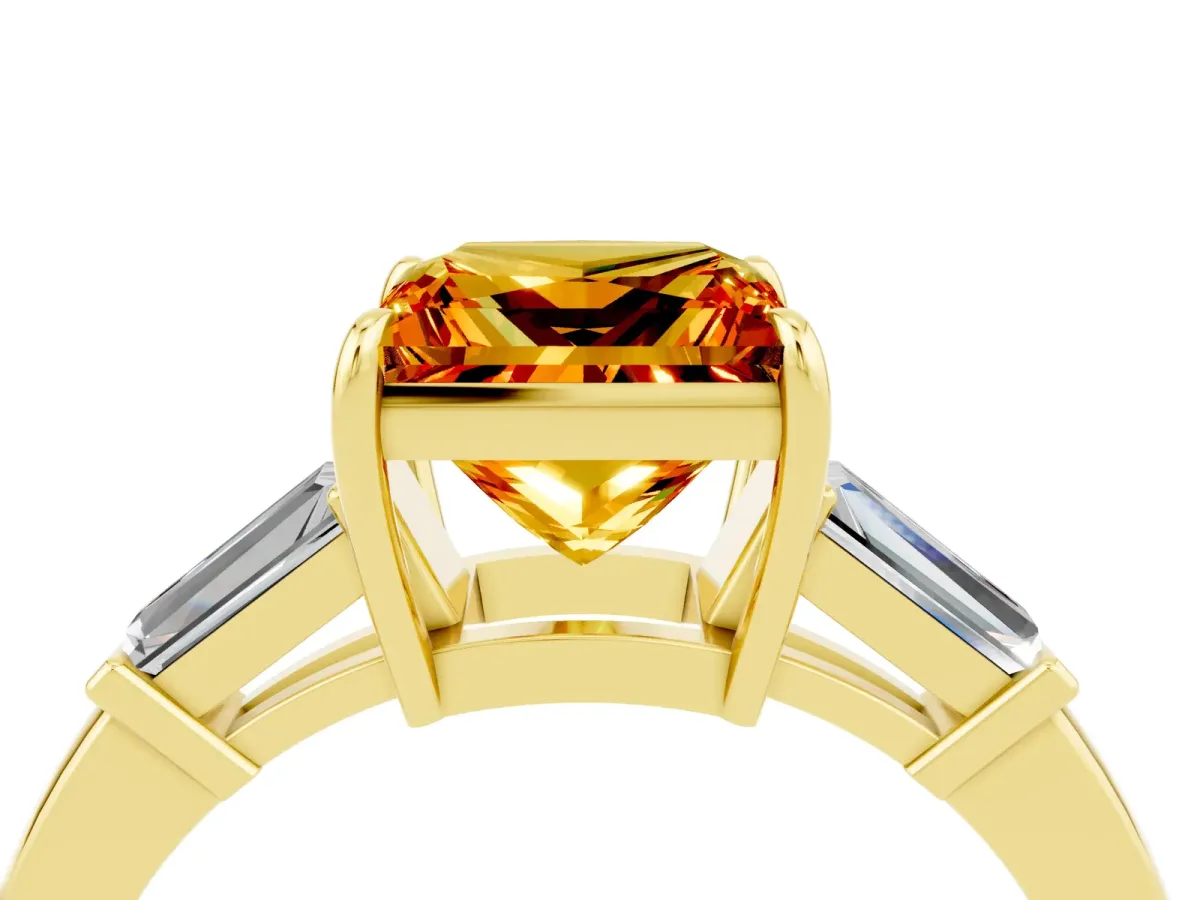 Princess Cut Citrine Three-Stone Ring with Tapered Baguette Side Stones and Prong Setting Yellow gold