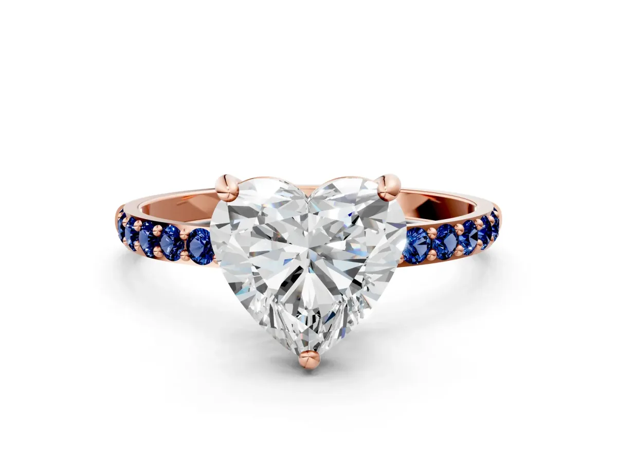 Heart Cut Diamond Solitaire Ring with Round Blue Sapphire Pavé Band and Prong Setting Rose gold
