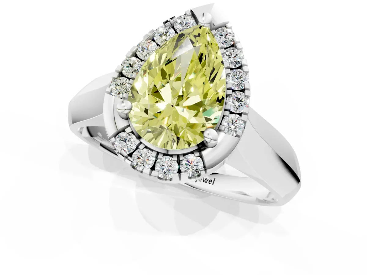 Fancy Yellow Pear Cut Cut Halo Solitaire Engagement Ring with Square Band and Four-Prong Setting White gold