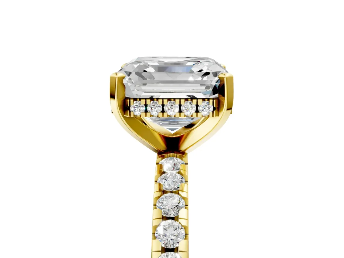 Asscher Cut Diamond Solitaire Ring with Round Moissanite Pavé Band and Four-Prong Setting Yellow gold