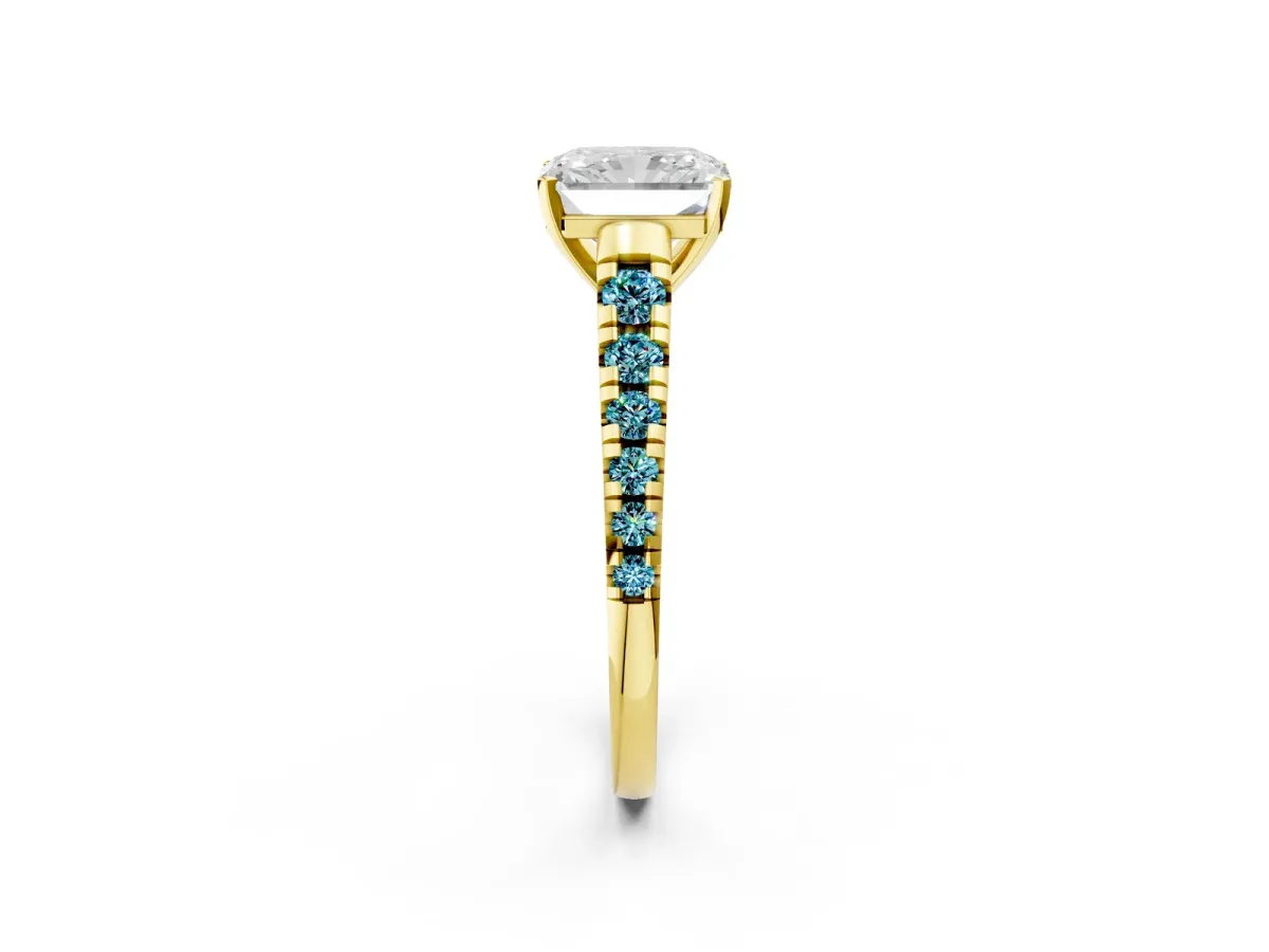 Radiant Cut Diamond Cathedral Solitaire Ring with Round Blue Topaz Pavé Band Yellow gold