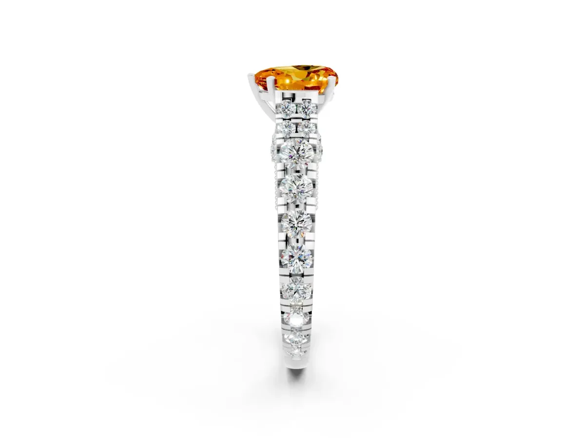 Heart Cut Citrine Classic Solitaire Ring with Pavé Band and Four-Prong Setting Silver