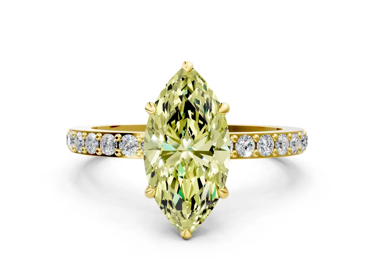 Fancy Yellow Marquise Cut Diamond Solitaire Engagement Ring with Pavé Band and Four-Prong Setting Yellow gold