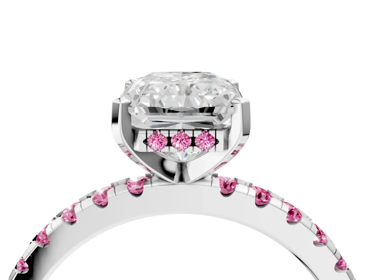 Radiant Cut Diamond Solitaire Ring with Round Pink Sapphire Pavé Band and Four-Prong Setting Platinum