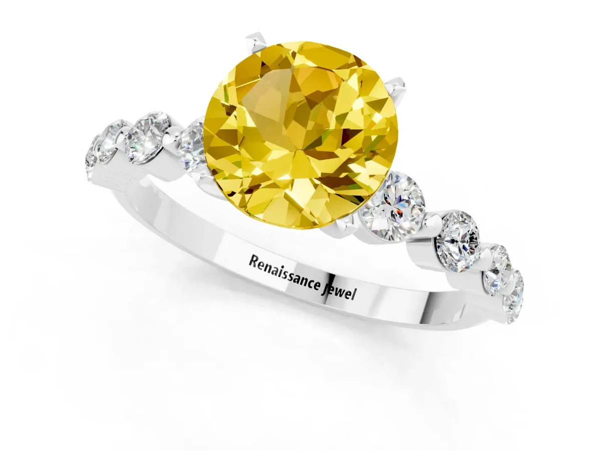 Round Cut Solitaire Yellow Sapphire Ring with Pave Band and Four-Prong Setting Silver