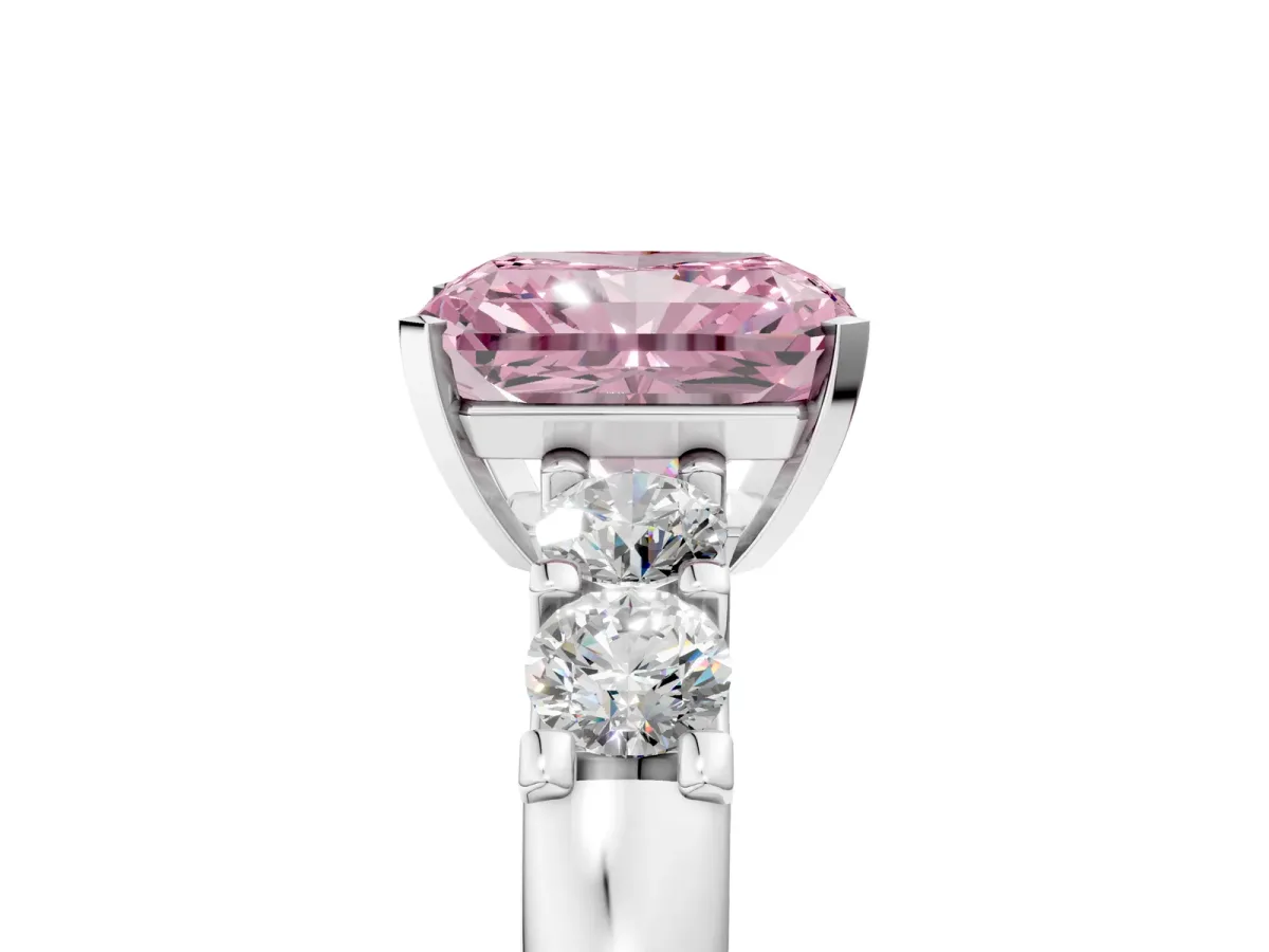 Fancy Pink Radiant Cut Brilliant Cut Diamond Five-Stone Prong Set Engagement Ring with Channel Band Platinum