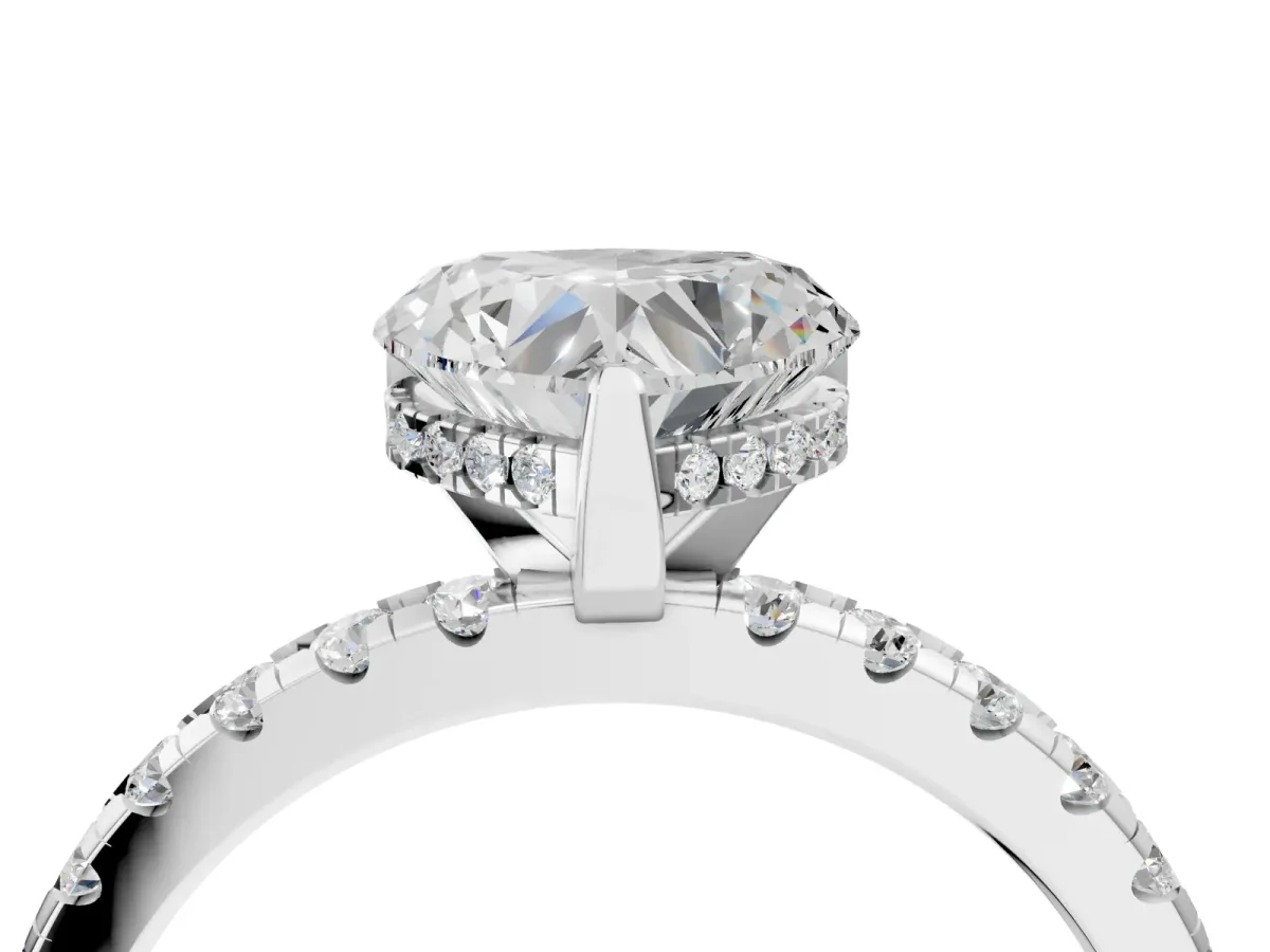 Heart Cut Diamond Solitaire Ring with Round Moissanite Pavé Band and Four-Prong Setting White gold