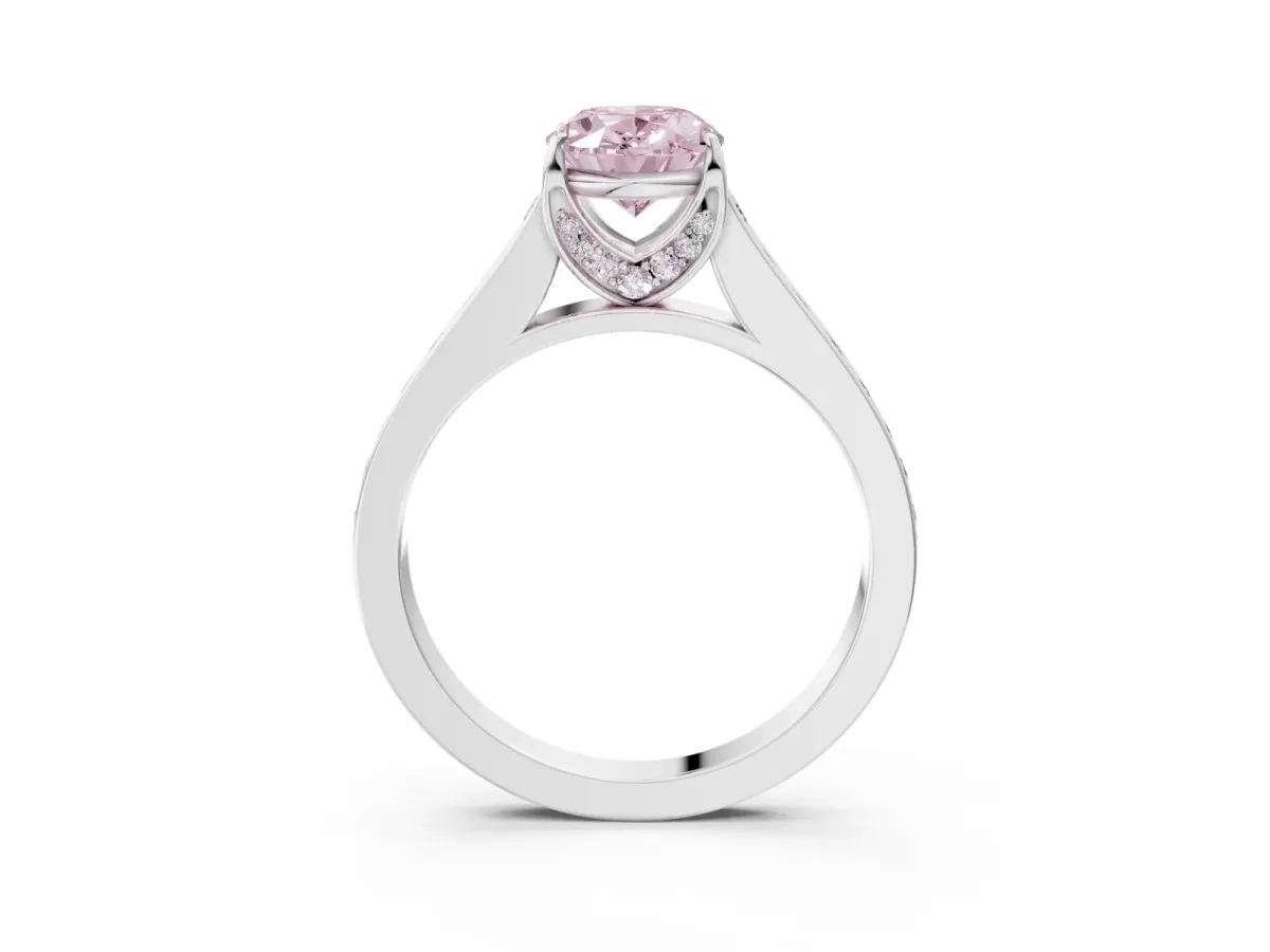 Fancy Pink Oval Cut Brilliant Cut Diamond Engagement Ring with Pavé Band and Four-Prong Setting Platinum